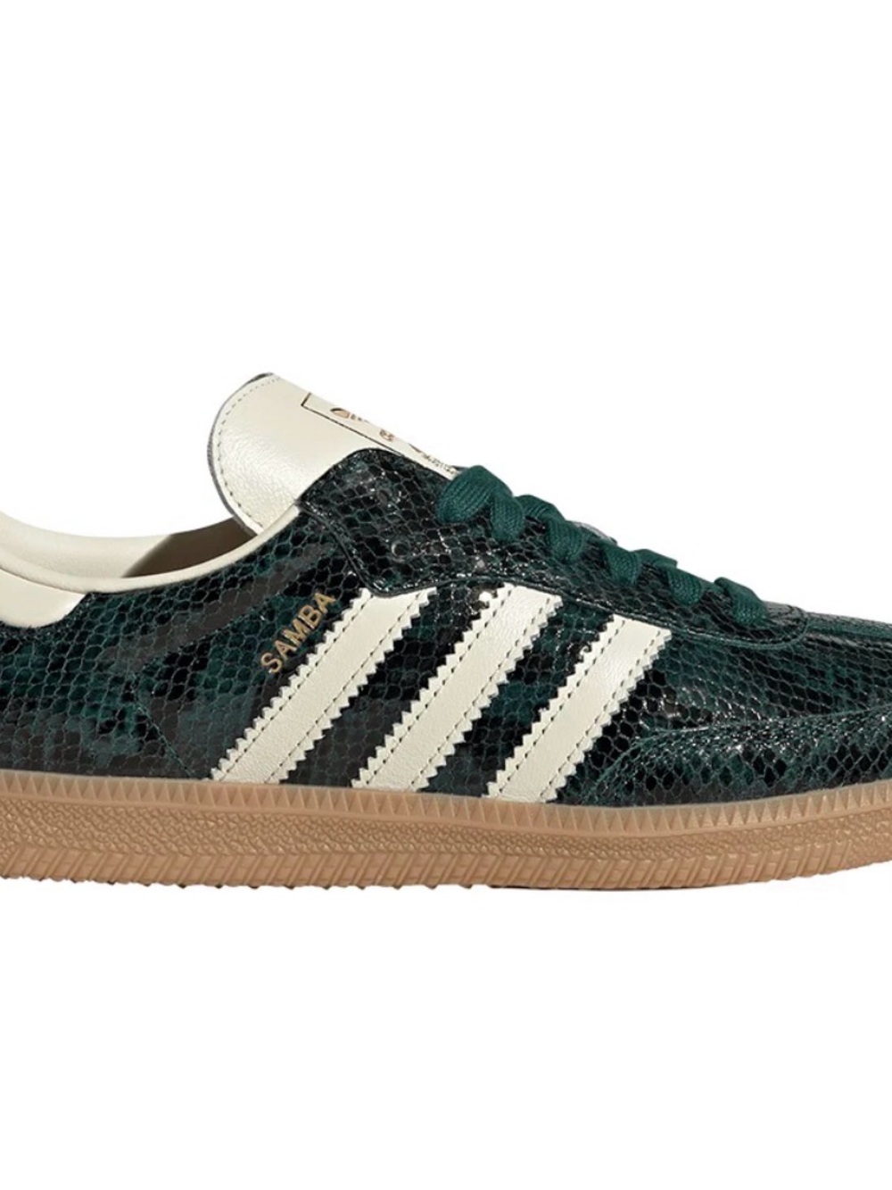 adidas Samba Sneakers in Dark Green Snake Print with Cream Stripes
